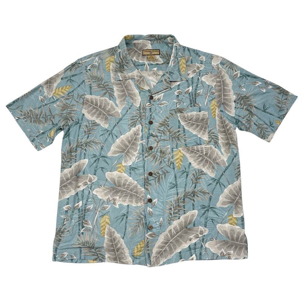 Caribbean Joe Hawaiian Camp Shirt XL Silk Floral Vacation Resortwear Loop Collar
